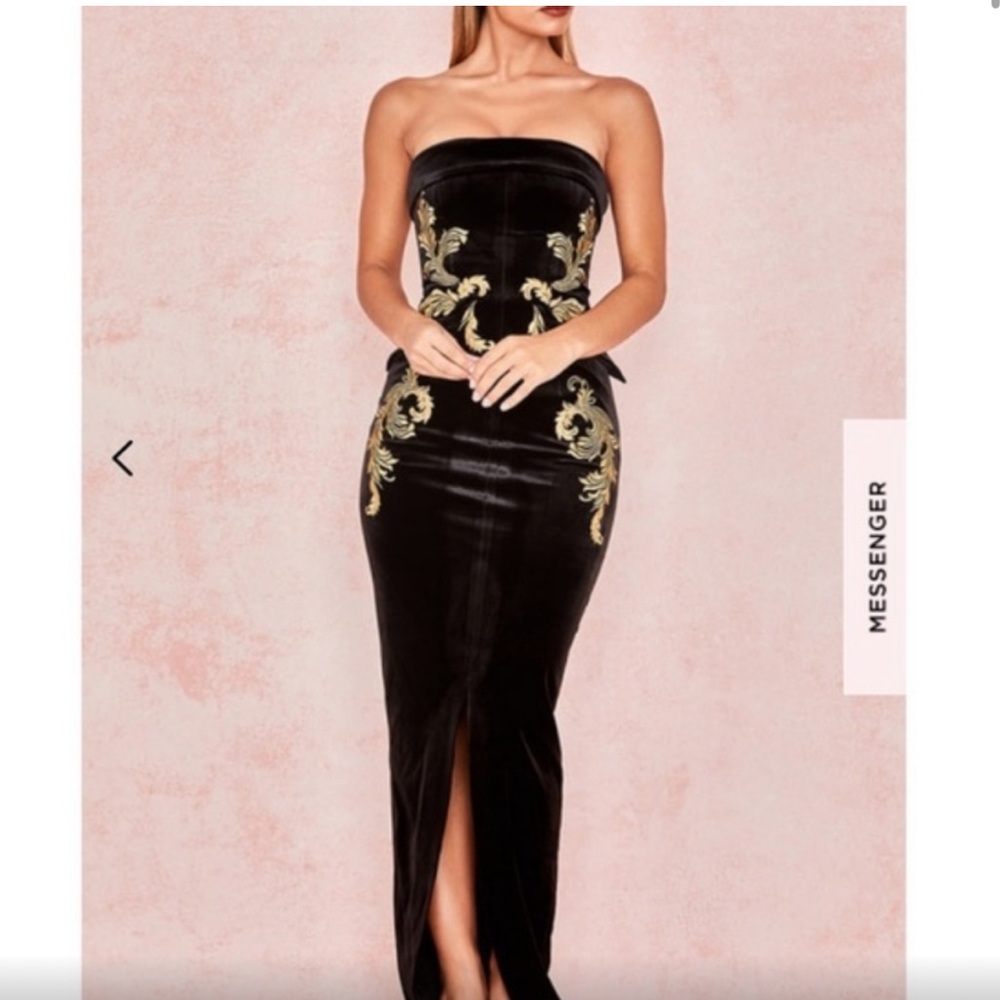 House of CB Athenea Black and Gold Velvet Strapless Maxi Dress